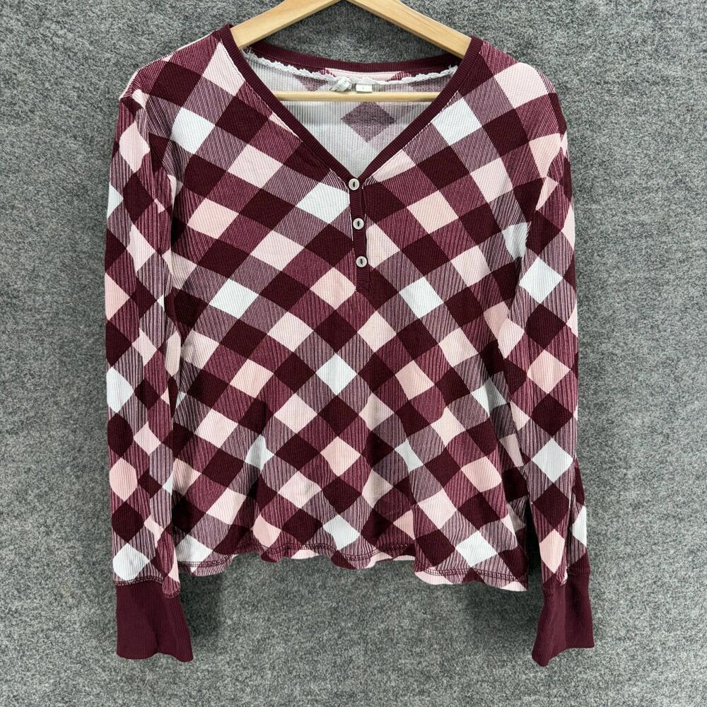 Live Well Sleepshirt Women L Large Purple Plaid 1/2 Button V-Neck Long Sleeve